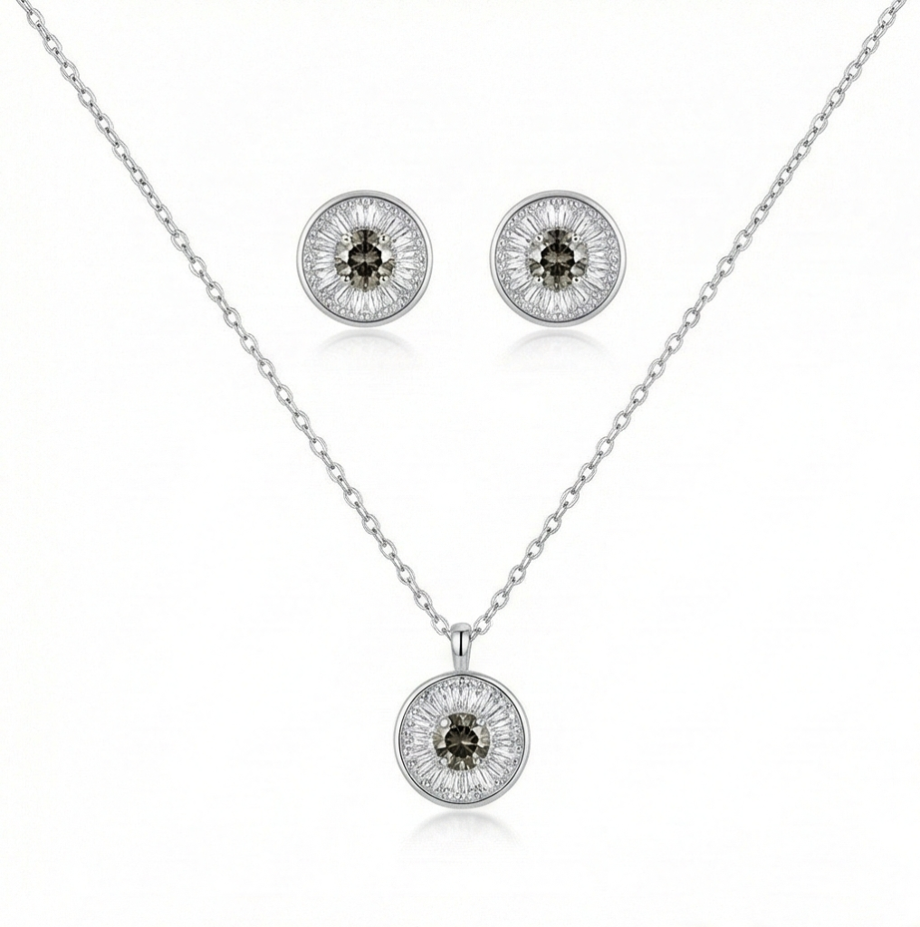 AGOR 925 Sterling Silver Round Sunburst Halo Pendant and Stud Earrings Set Rhodium Plated Luxury Jewellery for Women