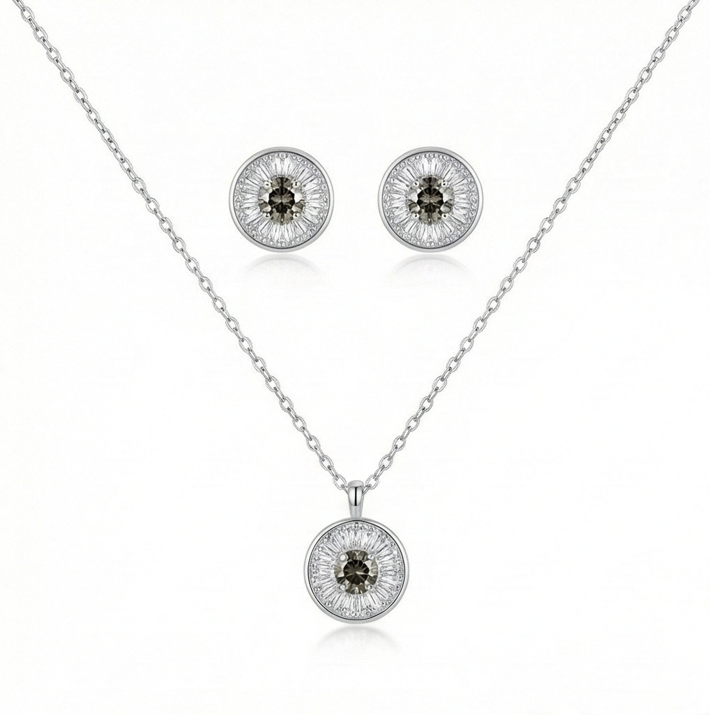 925 Sterling Silver Round Sunburst Halo Pendant and Stud Earrings Set Rhodium Plated Luxury Jewellery for Women