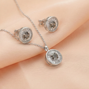 AGOR 925 Sterling Silver Round Sunburst Halo Pendant and Stud Earrings Set Rhodium Plated Luxury Jewellery for Women