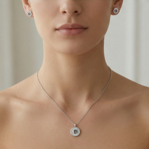 AGOR 925 Sterling Silver Round Sunburst Halo Pendant and Stud Earrings Set Rhodium Plated Luxury Jewellery for Women