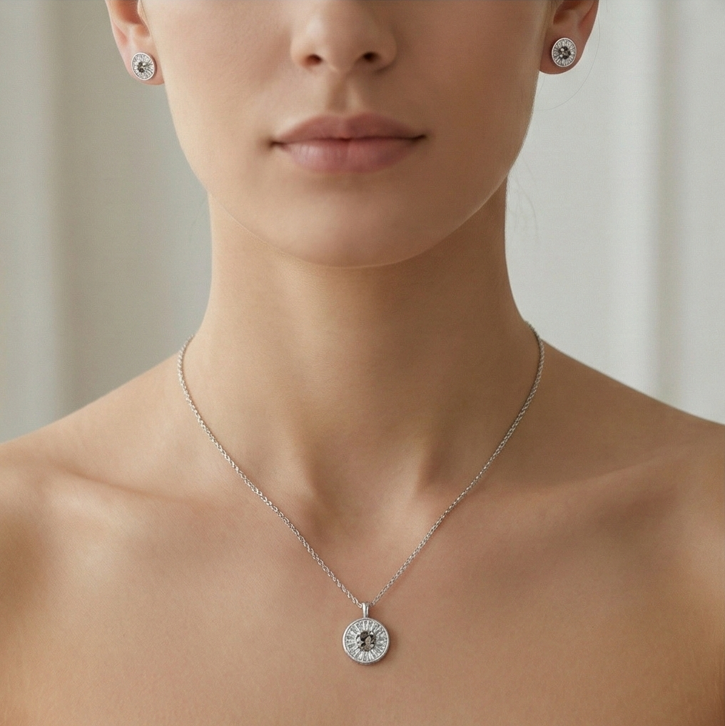 925 Sterling Silver Round Sunburst Halo Pendant and Stud Earrings Set Rhodium Plated Luxury Jewellery for Women