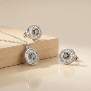 AGOR 925 Sterling Silver Round Sunburst Halo Pendant and Stud Earrings Set Rhodium Plated Luxury Jewellery for Women