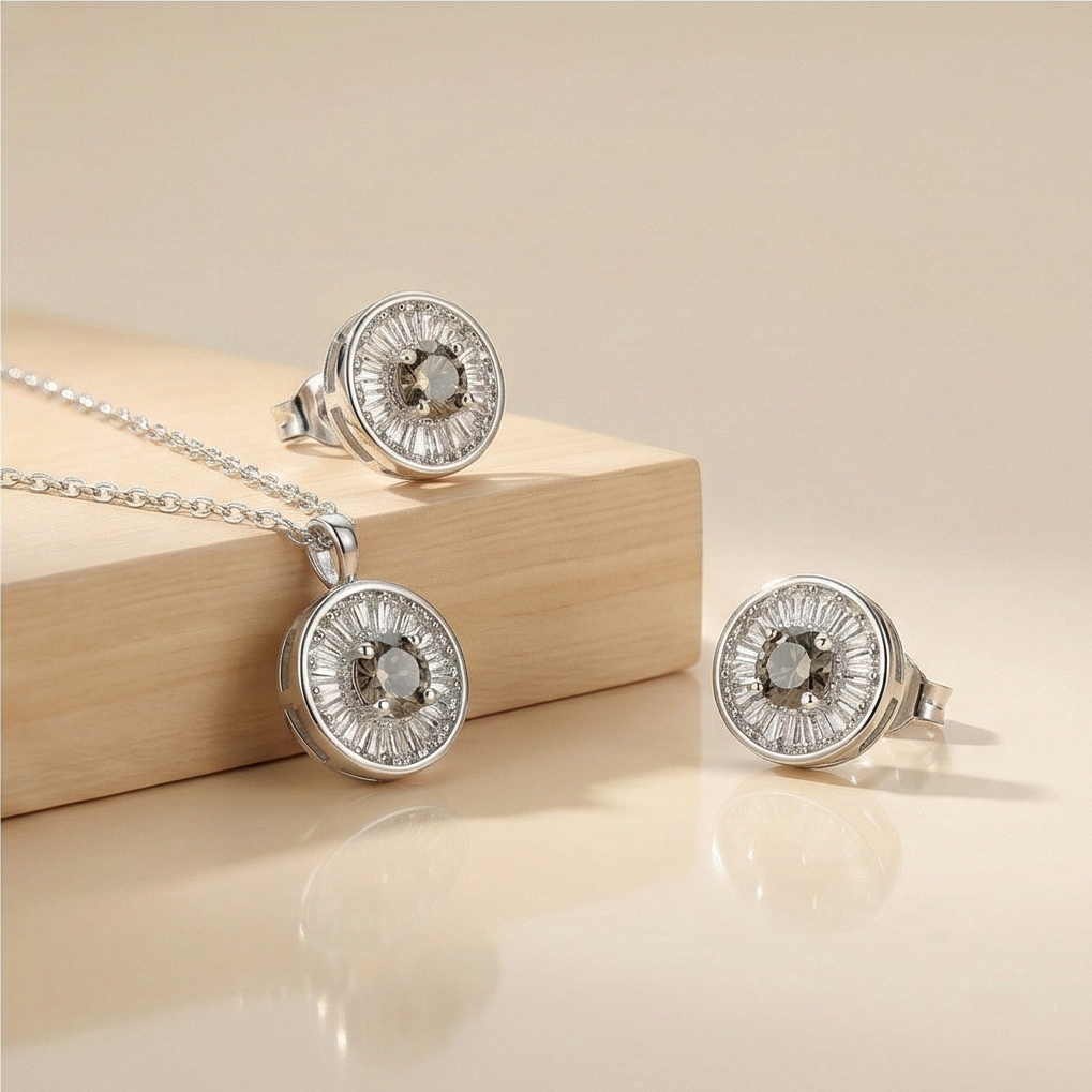 925 Sterling Silver Round Sunburst Halo Pendant and Stud Earrings Set Rhodium Plated Luxury Jewellery for Women
