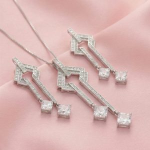 AGOR 925 Sterling Silver Geometric Art Deco Style Long Drop Chain Pendant and Dangle Earrings Set Jewellery