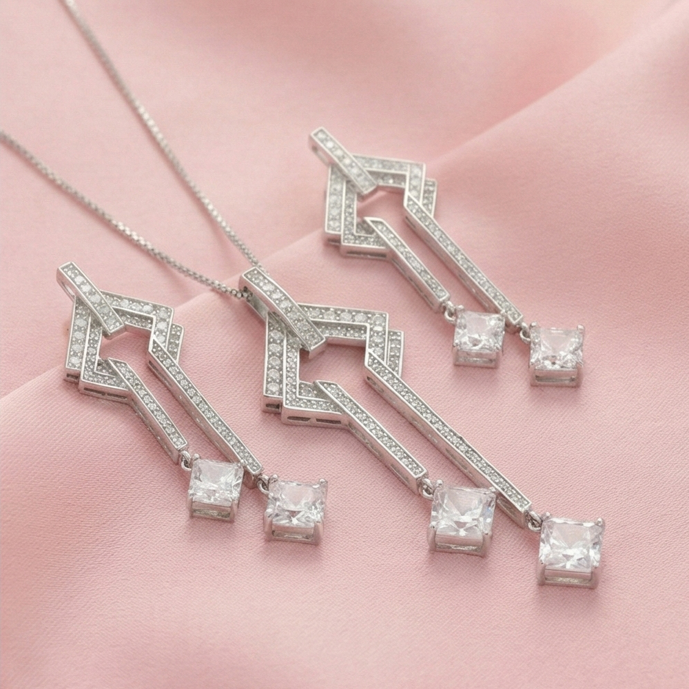 925 Sterling Silver Geometric Art Deco Style Long Drop Chain Pendant and Dangle Earrings Set Jewellery