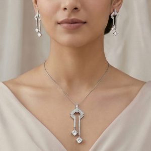 AGOR 925 Sterling Silver Geometric Art Deco Style Long Drop Chain Pendant and Dangle Earrings Set Jewellery