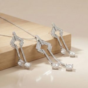 AGOR 925 Sterling Silver Geometric Art Deco Style Long Drop Chain Pendant and Dangle Earrings Set Jewellery