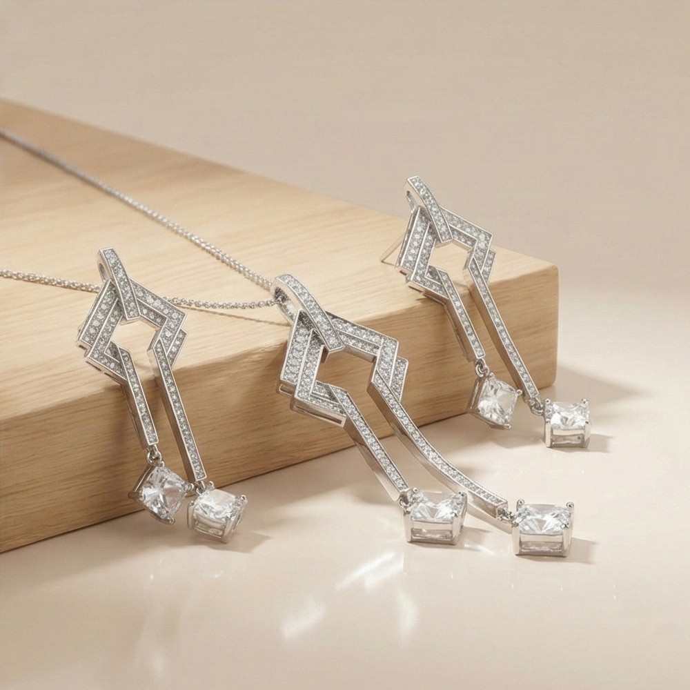 925 Sterling Silver Geometric Art Deco Style Long Drop Chain Pendant and Dangle Earrings Set Jewellery