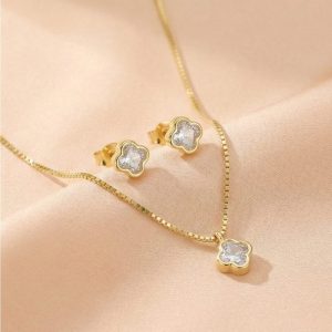 AGOR 925 Sterling Silver Four Leaf Clover Chain Pendant Necklace and Stud Earrings Set Yellow Gold Plated Jewellery