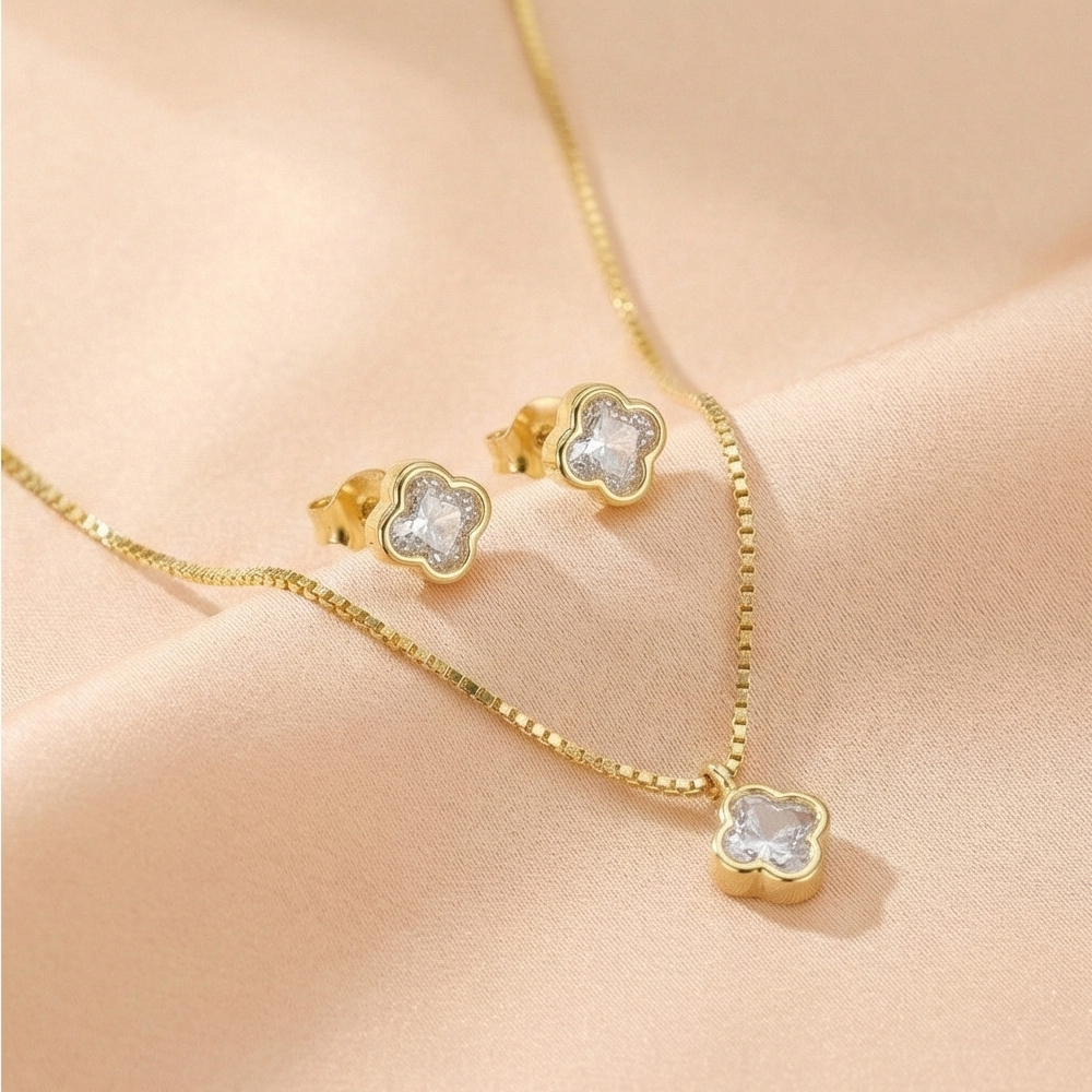 925 Sterling Silver Four Leaf Clover Chain Pendant Necklace and Stud Earrings Set Yellow Gold Plated Jewellery