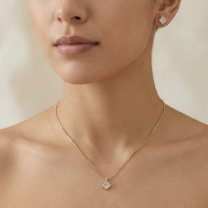 AGOR 925 Sterling Silver Four Leaf Clover Chain Pendant Necklace and Stud Earrings Set Yellow Gold Plated Jewellery