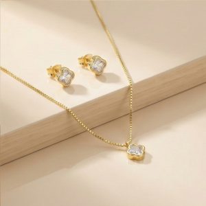 AGOR 925 Sterling Silver Four Leaf Clover Chain Pendant Necklace and Stud Earrings Set Yellow Gold Plated Jewellery