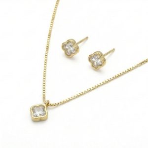 AGOR 925 Sterling Silver Four Leaf Clover Chain Pendant Necklace and Stud Earrings Set Yellow Gold Plated Jewellery
