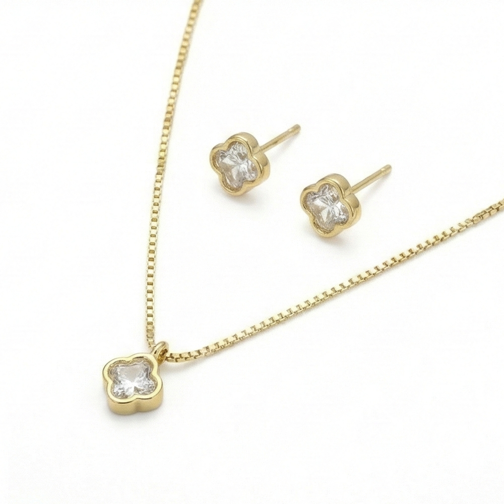925 Sterling Silver Four Leaf Clover Chain Pendant Necklace and Stud Earrings Set Yellow Gold Plated Jewellery