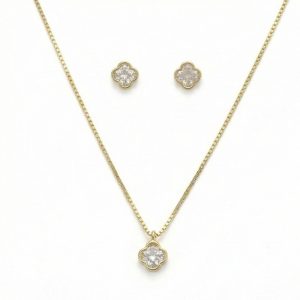 AGOR 925 Sterling Silver Four Leaf Clover Chain Pendant Necklace and Stud Earrings Set Yellow Gold Plated Jewellery