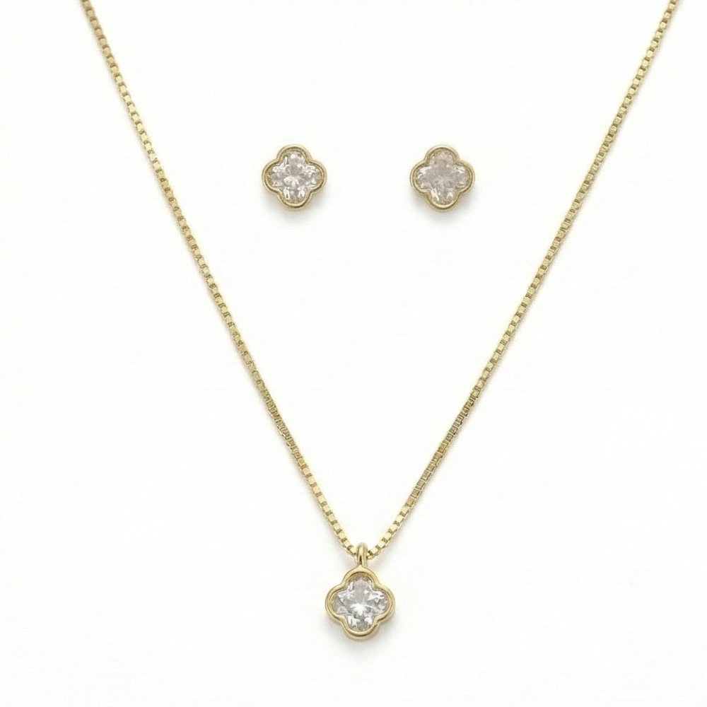 925 Sterling Silver Four Leaf Clover Chain Pendant Necklace and Stud Earrings Set Yellow Gold Plated Jewellery