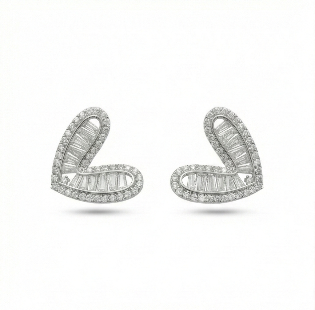 AGOR 925 Sterling Silver Baguette Accent Heart Stud Earrings Contemporary Jewellery