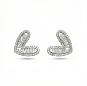AGOR 925 Sterling Silver Baguette Accent Heart Stud Earrings Contemporary Jewellery