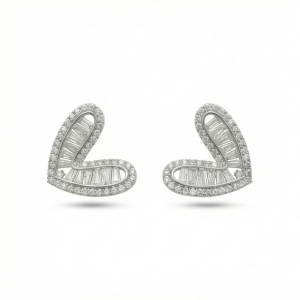 925 Sterling Silver Baguette Accent Heart Stud Earrings Contemporary Jewellery