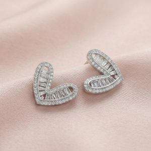 AGOR 925 Sterling Silver Baguette Accent Heart Stud Earrings Contemporary Jewellery
