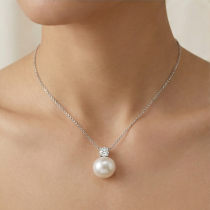 AGOR 925 Sterling Silver Elegant Pearl and Crystal Solitaire Pendant Necklace Jewellery for Women