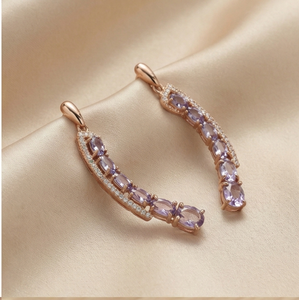 AGOR 925 Sterling Silver Rose Gold Plated Oval Purple Stone Curved Crawler Earrings Jewellery for Women