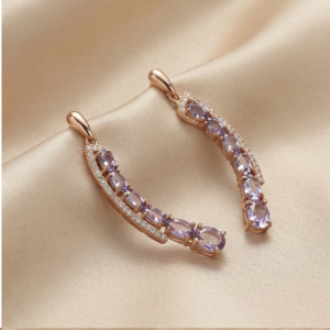 AGOR 925 Sterling Silver Rose Gold Plated Oval Purple Stone Curved Crawler Earrings Jewellery for Women