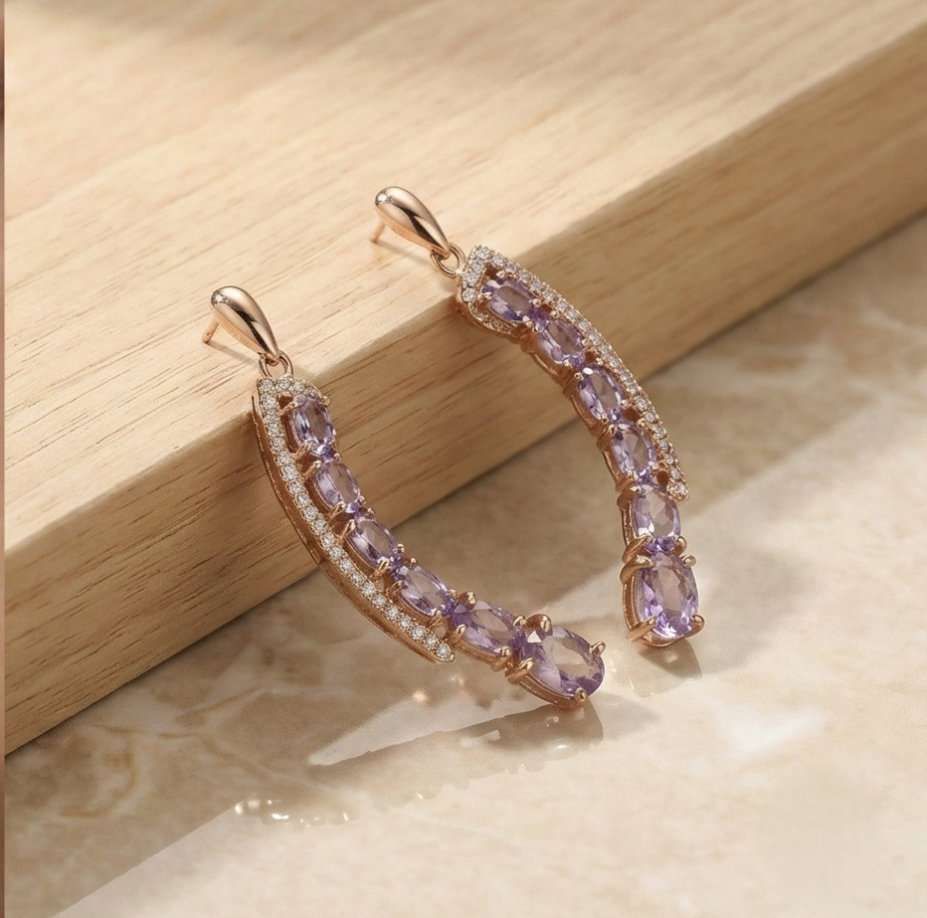 AGOR 925 Sterling Silver Rose Gold Plated Oval Purple Stone Curved Crawler Earrings Jewellery for Women