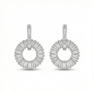AGOR 925 Sterling Silver Baguette Sunburst Circle Drop Earrings Platinum Finish Jewellery