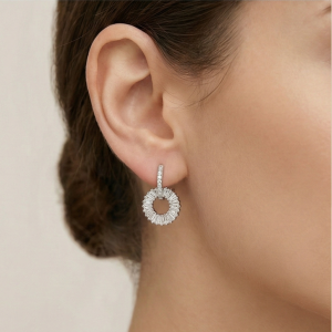 AGOR 925 Sterling Silver Baguette Sunburst Circle Drop Earrings Platinum Finish Jewellery