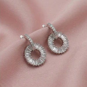 AGOR 925 Sterling Silver Baguette Sunburst Circle Drop Earrings Platinum Finish Jewellery