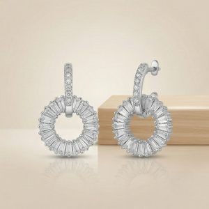 AGOR 925 Sterling Silver Baguette Sunburst Circle Drop Earrings Platinum Finish Jewellery