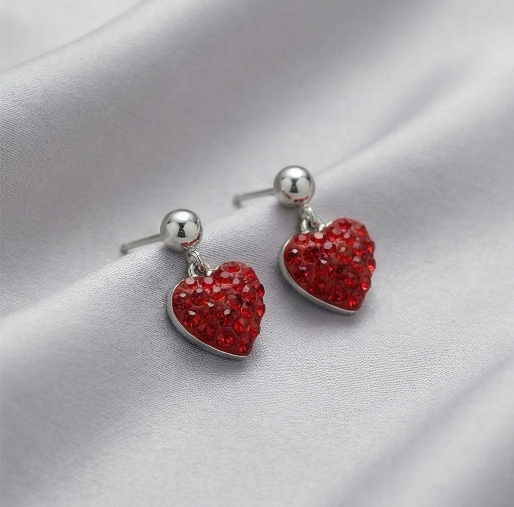 925 Sterling Silver Red Pave Heart Drop Earrings High Polish Jewellery for Women