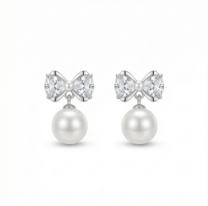 AGOR 925 Sterling Silver Bow Knot Pearl Drop Earrings High Polish Jewellery