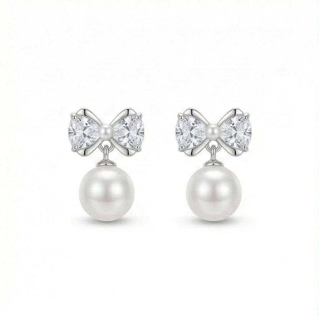 925 Sterling Silver Bow Knot Pearl Drop Earrings High Polish Jewellery