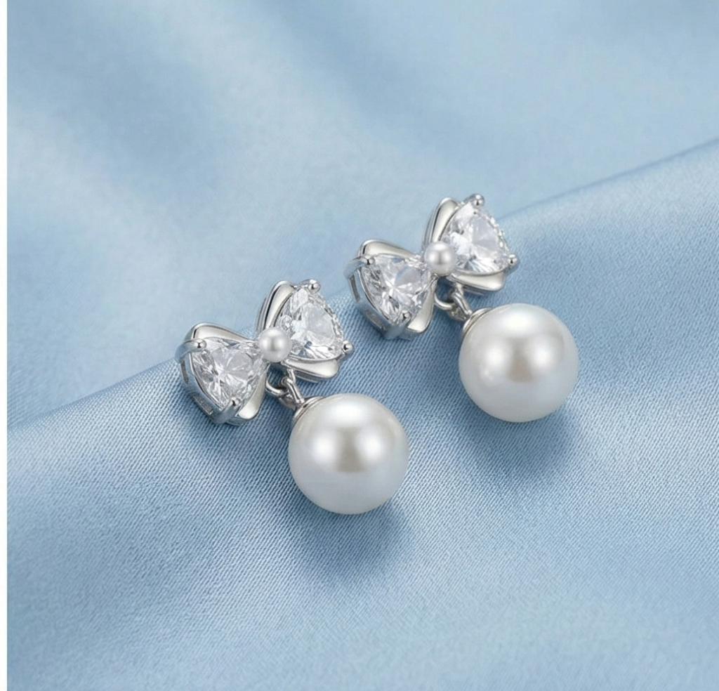 AGOR 925 Sterling Silver Bow Knot Pearl Drop Earrings High Polish Jewellery