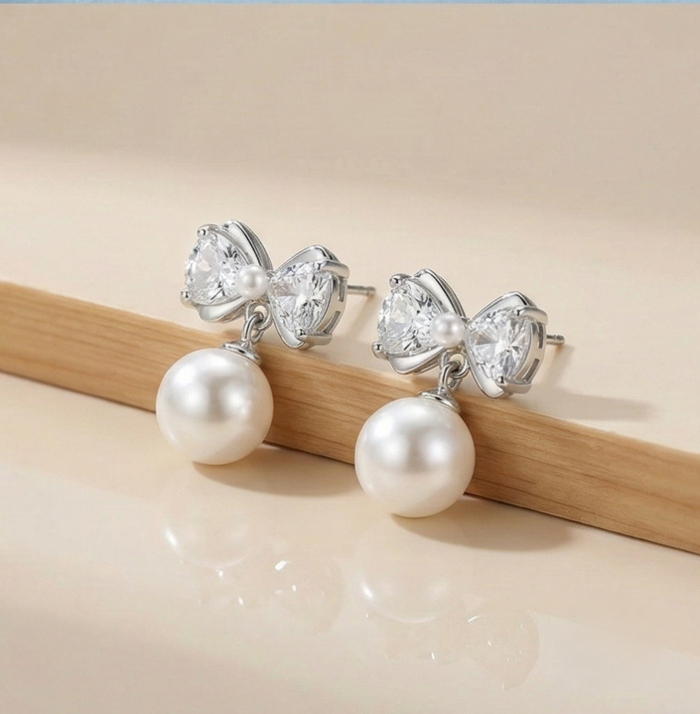 AGOR 925 Sterling Silver Bow Knot Pearl Drop Earrings High Polish Jewellery