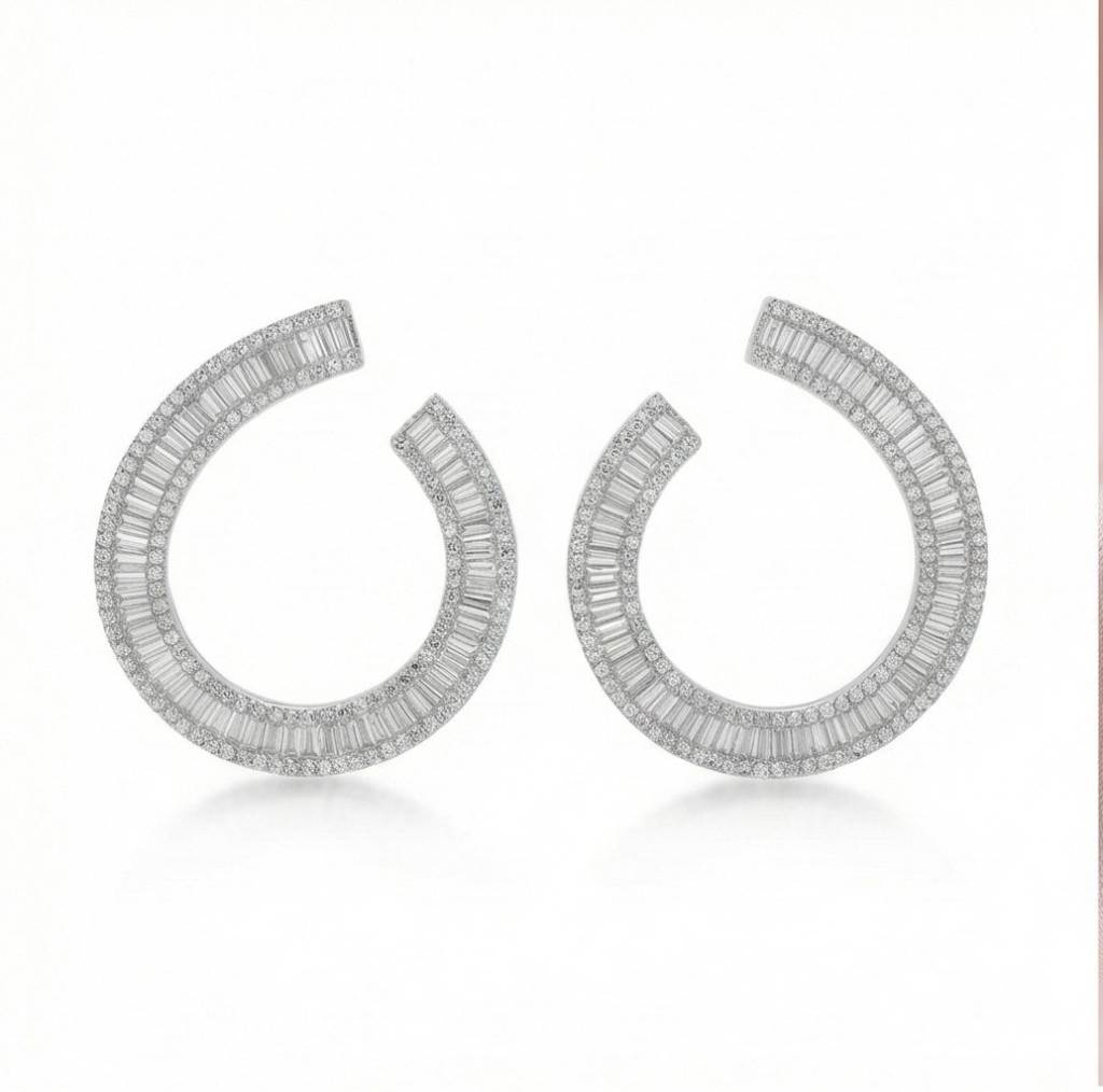AGOR 925 Sterling Silver Baguette Lined C-Hoop Earrings Statement Jewellery