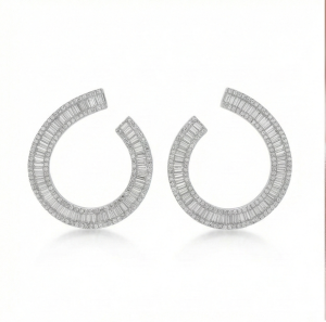AGOR 925 Sterling Silver Baguette Lined C-Hoop Earrings Statement Jewellery