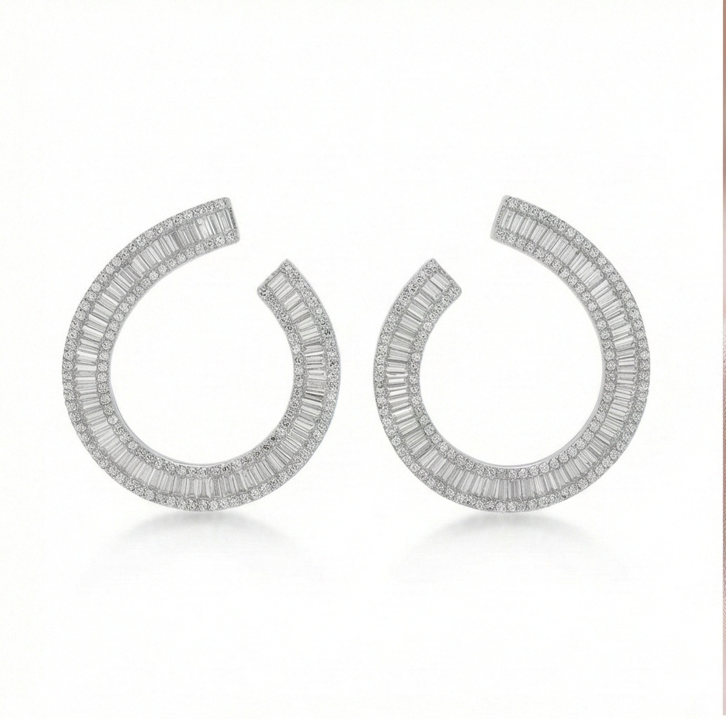 925 Sterling Silver Baguette Lined C-Hoop Earrings Statement Jewellery
