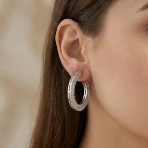 AGOR 925 Sterling Silver Baguette Lined C-Hoop Earrings Statement Jewellery