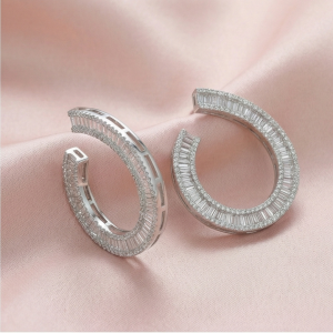 AGOR 925 Sterling Silver Baguette Lined C-Hoop Earrings Statement Jewellery