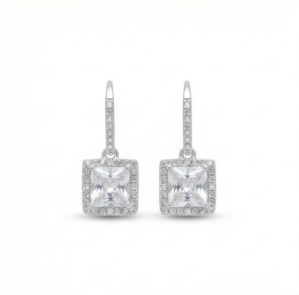 AGOR 925 Sterling Silver Square Solitaire Drop Earrings with Halo Hoop High Polish Rhodium Finish Jewellery