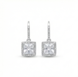 AGOR 925 Sterling Silver Square Solitaire Drop Earrings with Halo Hoop High Polish Rhodium Finish Jewellery