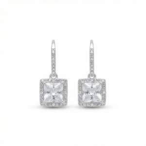 925 Sterling Silver Square Solitaire Drop Earrings with Halo Hoop High Polish Rhodium Finish Jewellery