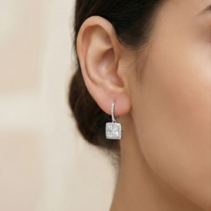 AGOR 925 Sterling Silver Square Solitaire Drop Earrings with Halo Hoop High Polish Rhodium Finish Jewellery