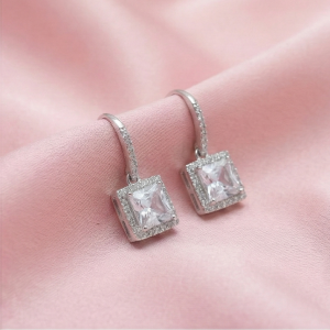 925 Sterling Silver Square Solitaire Drop Earrings with Halo Hoop High Polish Rhodium Finish Jewellery
