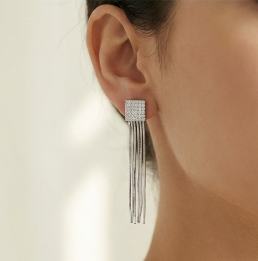 925 Sterling Silver Square Stud Chain Tassel Dangler Earrings Party Jewellery