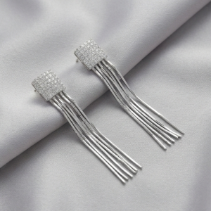 AGOR 925 Sterling Silver Square Stud Chain Tassel Dangler Earrings Party Jewellery