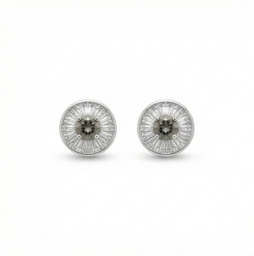 AGOR 925 Sterling Silver Round Halo Stud Earrings with Smoky Quartz Tone Stone Jewellery